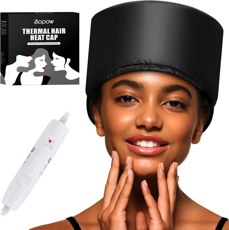 aopow Heated Electric Thermal Steamer Cap for Natural Black Afro Hair - Hot Spa Treatment Hat with Temperature Control for Deep Conditioning at Home - Black - Image 1